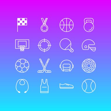 16 atletik simgeler çizgi stili vektör Illustration. Hedef, top, golf ve diğer simge öğeleri düzenlenebilir kümesi.