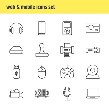 16 gadget simgeler çizgi stili Illustration. Fare, dizüstü bilgisayar, projektör ve diğer simge öğeleri düzenlenebilir kümesi.