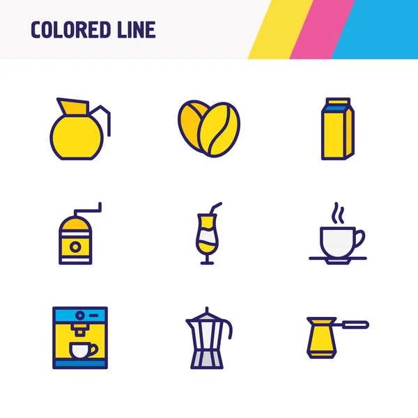 图为9个饮料图标彩色线。可编辑的咖啡豆、咖啡壶、mocca 等图标元素. — 图库照片
