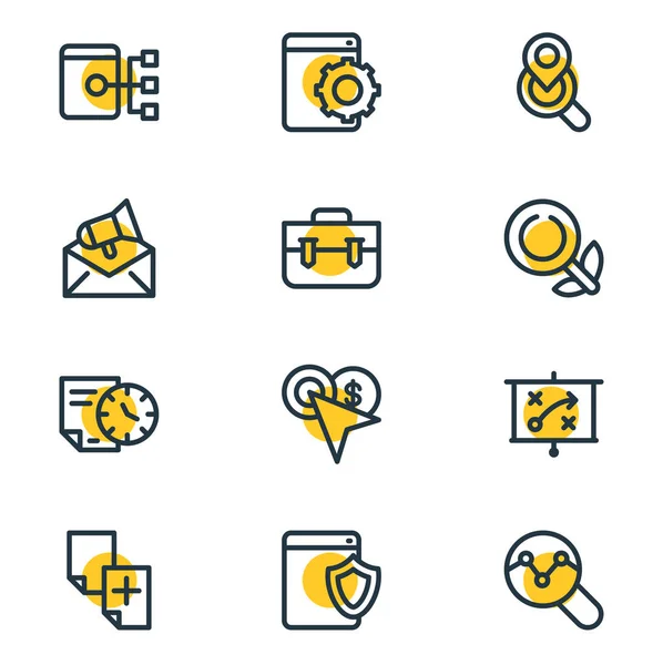 Illustrazione vettoriale di 12 icone pubblicitarie stile linea. Set modificabile di sicurezza web, ricerca organica, mappa del sito e altri elementi icona . — Vettoriale Stock