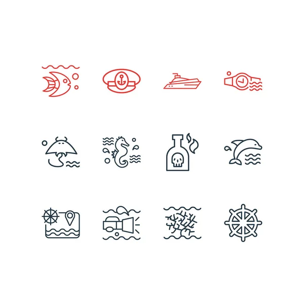Векторна ілюстрація 12 морських іконок стилю лінії. Підходящий набір суднових кермових, морських коней, дельфінів та інших елементів значка . — стоковий вектор