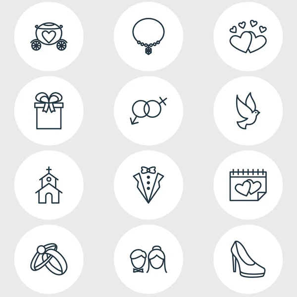 Ilustración vectorial de 12 iconos de la boda estilo de línea. Conjunto editable de recién casados, corazones, regalos y otros elementos del icono . — Archivo Imágenes Vectoriales