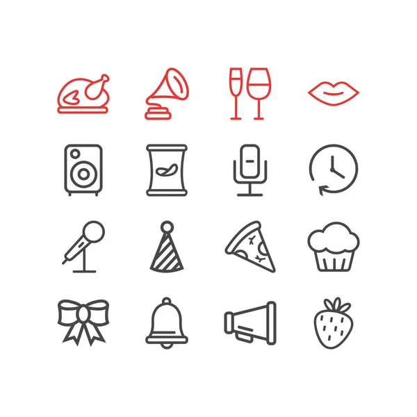 Illustrazione vettoriale di 16 icone celebrazione stile linea. Set modificabile di pizza, berretto clown, microfono e altri elementi icona . — Vettoriale Stock