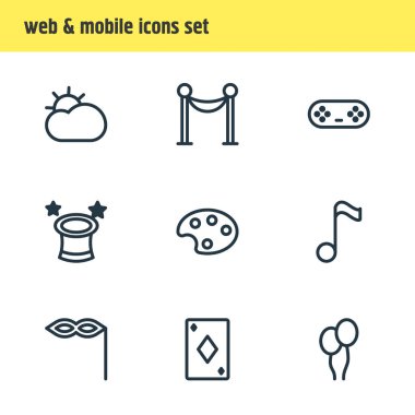 9 boş zaman simgeleri çizgi stili Illustration. Bariyer, oyun denetleyicisi, sihirbaz ve diğer simge öğeleri düzenlenebilir kümesi.