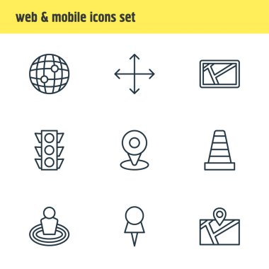 9 yönünü simgeler çizgi stili Illustration. Trafik ışığı, raptiye, navigator ve diğer simge öğeleri düzenlenebilir kümesi.