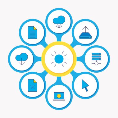 9 web simgeler renkli çizgi gösterimi. Bulut indir, güvenli bilgisayar, yükleme ve diğer simge öğeleri düzenlenebilir kümesi.