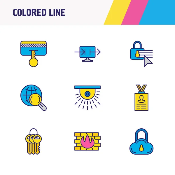 illustration of 9 protection icons colored line. Editable set of safe search, keychain, cloud data protection and other icon elements.