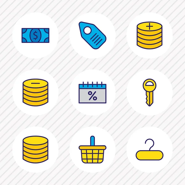 Ilustración de 9 iconos comerciales línea de color. Conjunto editable de monedas de pago, dinero, percha y otros elementos del icono . —  Fotos de Stock