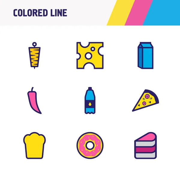 Иллюстрация 9 пищевых иконок цветной линии. Столовый набор из торта, кебаба, фильтрованной воды и других элементов . — стоковое фото