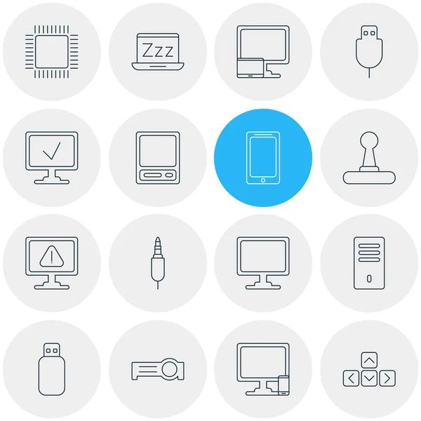Ilustración de 16 iconos portátiles estilo de línea. Conjunto editable de teléfono móvil, joystick, computadora de escritorio y otros elementos del icono . — Foto de Stock