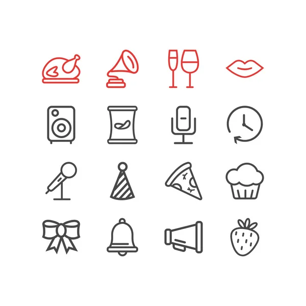 Ilustración de 16 iconos de celebración estilo de línea. Conjunto editable de pizza, gorra de payaso, micrófono y otros elementos del icono . —  Fotos de Stock