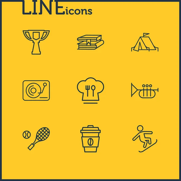 illustration of 9 hobby icons line style. Editable set of book library, camping tent, trumpet and other icon elements.