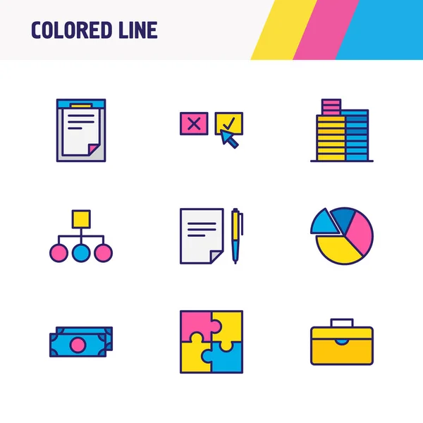 Illustration of 9 trade icons colored line. Editable set of puzzle, briefcase, contract and other icon elements. — ストック写真