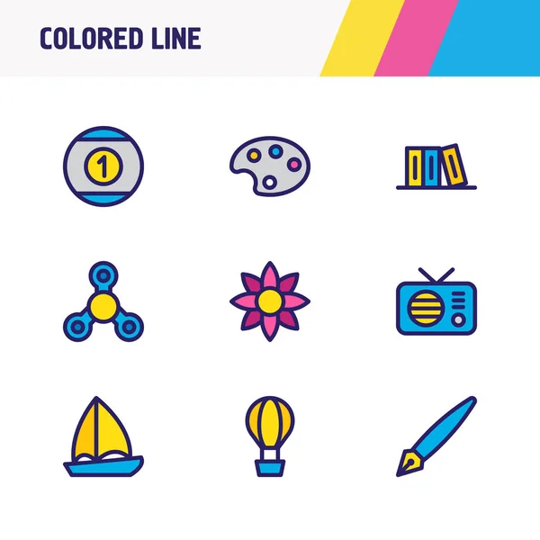 Ілюстрація 9 значків радості кольорової лінії. Підходящий набір палітри, човна, повітряної кулі та інших елементів піктограм . — стокове фото