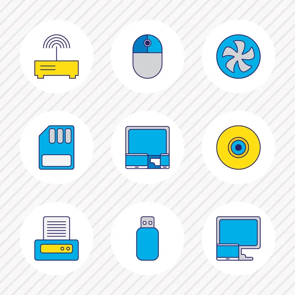 illustration of 9 notebook icons colored line. Editable set of modem, mouse, computer with tablet and other icon elements.