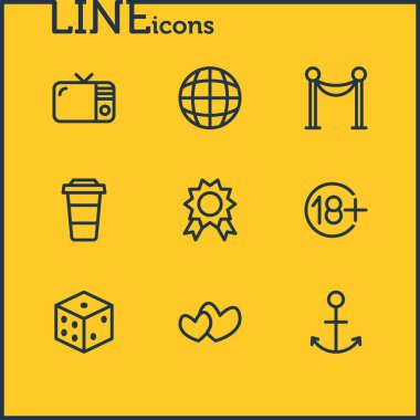 9 eğlence simgeler çizgi stili vektör Illustration. Ödülü, zar, çapa ve diğer simge öğeleri düzenlenebilir kümesi.