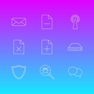 9 ağ simgeleri satır stili vektör illüstrasyon. Belge silme, dosyayı kaldırma, büyüteç ve diğer simge öğelerinin düzenlenebilir kümesi.