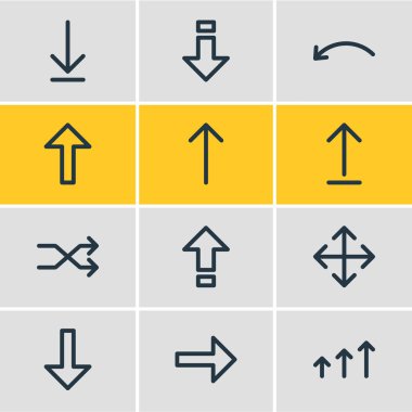 12 işaret simgeleri satır stili vektör illüstrasyon. Geriye doğru değiştirilebilir küme, indirme, kapaklar kilidi ve diğer simge öğeleri.