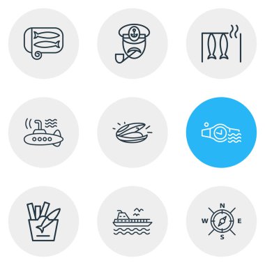 Vector illustration of 9 naval icons line style. Editable set of mussel, smoked fish, captain and other icon elements.