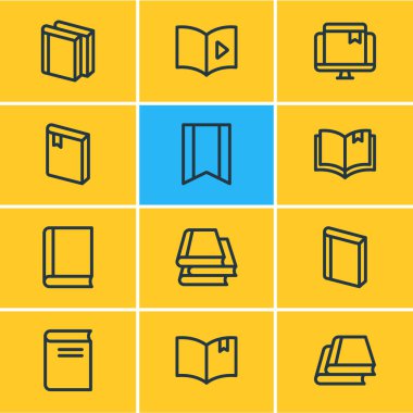 Vektör çizim 12 kitap okuma simgeler çizgi stili. Kütüphane, kitap okuma, yer imi ve diğer simge öğeleri düzenlenebilir kümesi.