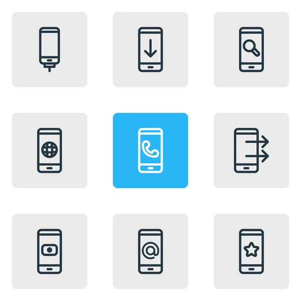 Ilustração vetorial de 9 ícones de smartphones estilo linha. Conjunto editável de anel, download, carregamento e outros elementos de ícone . — Vetor de Stock