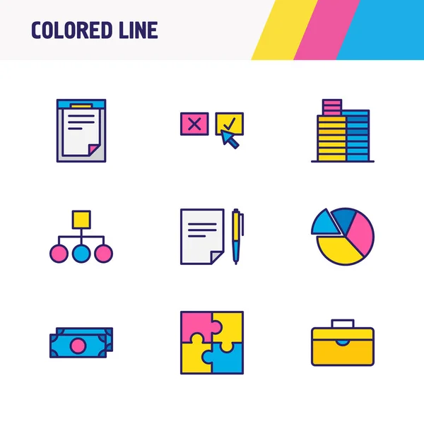 Векторна ілюстрація 9 піктограм керування кольоровою лінією. Відредагований набір головоломки, портфеля, контракту та інших елементів піктограм . — стоковий вектор