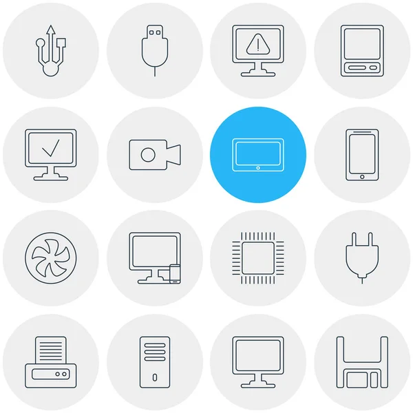 Ilustración vectorial de 16 iconos de computadora estilo de línea. Conjunto editable de teléfono con PC, teléfono móvil, cable USB y otros elementos del icono . — Vector de stock