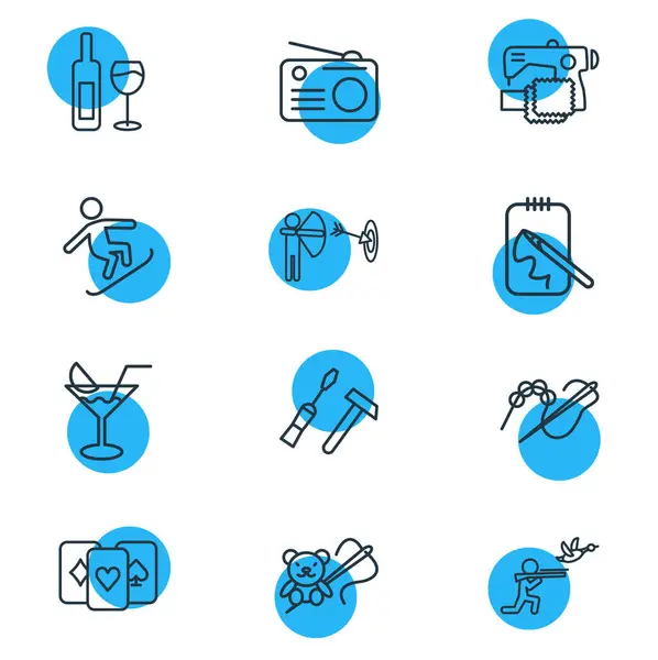 Illustrazione vettoriale di 12 attività icone stile linea. Set modificabile di falegnameria, fabbricazione di giocattoli, tiro con l'arco e altri elementi icona . — Vettoriale Stock