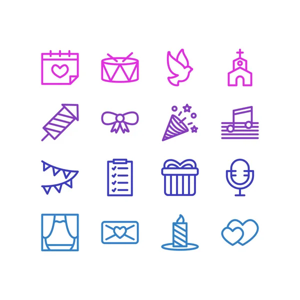 Vektoros illusztráció 16 holiday ikonok vonalstílust. Szerkeszthető csoportja, naptár, ajándék, galamb és egyéb ikon. — Stock Vector