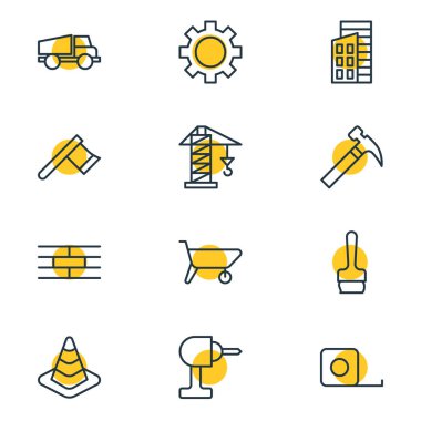 illustration of 12 industry icons line style. Editable set of ruler, crane, axe and other icon elements.