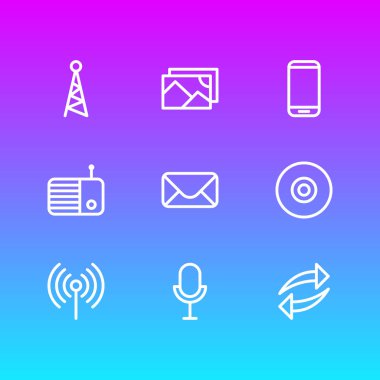 9 müzik simgeleri çizgi tarzı illüstrasyon. Akıllı telefon, yeniden yükleme, cd ve diğer simge öğelerinin değiştirilebilir seti.