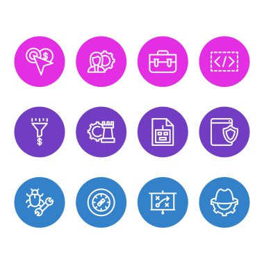 12 simgeleri çizgi stili reklam gösterimi. Düzenlenebilir küme bağlantı tekerlek, robot txt, portföy ve diğer simge öğeleri.