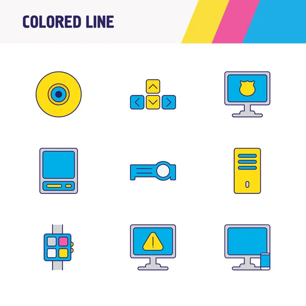 illustration of 9 computer icons colored line. Editable set of camera lens, warning, protected computer and other icon elements.