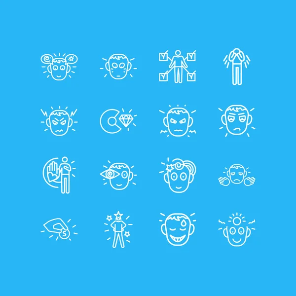 Illustration de 16 icônes émotions style ligne. Ensemble modifiable d'imagination, de compétences, de pensées positives et d'autres éléments d'icône . — Photo