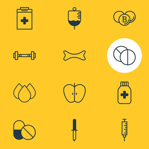 Ilustração de 12 ícones médicos estilo linha. Conjunto editável de drogas, vitaminas, ossos e outros elementos de ícones . — Fotografia de Stock