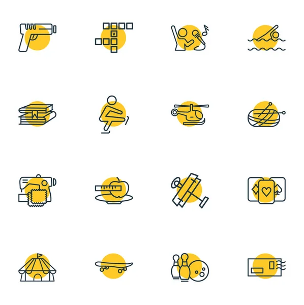 Illustration of 16 entertainment icons line style. Editable set of playing cards, gun, skateboard and other icon elements. — ストック写真