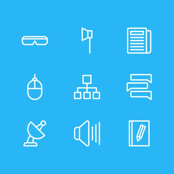 Ilustración de 9 iconos de medios estilo de línea. Conjunto editable de satélite, escritura, sonido y otros elementos del icono . —  Fotos de Stock
