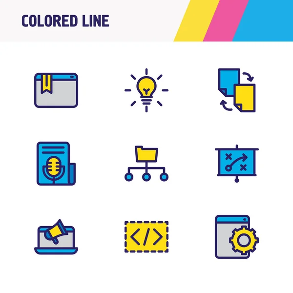 Ilustración de 9 iconos de publicidad línea de color. Conjunto editable de servicio de marcadores, estrategia de marketing, comunicado de prensa y otros elementos del icono . —  Fotos de Stock