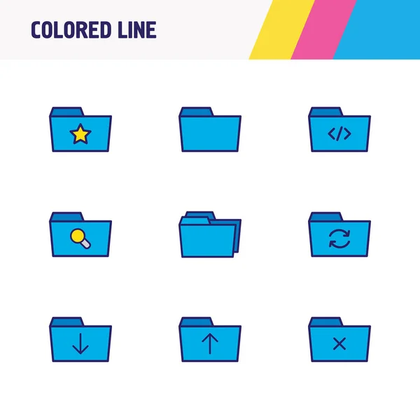 Ilustración de 9 iconos de carpeta línea de color. Conjunto editable de búsqueda, eliminar carpeta, favoritos y otros elementos del icono . — Foto de Stock