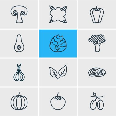 12 sebze simgeler çizgi stili vektör Illustration. Zeytin, cole, Bulgar çan ve diğer simge öğeleri düzenlenebilir kümesi.