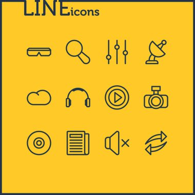 12 medya simgeleri çizgi stili vektör Illustration. Kulaklık, ayarları, fotoğraf cihazları ve diğer simge öğeleri düzenlenebilir kümesi.