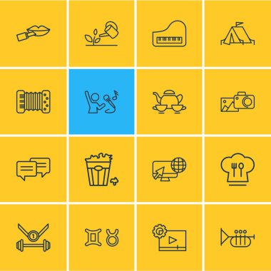 16 hobi simgeleri çizgi stili vektör Illustration. Piyano, patlamış mısır, trompet ve diğer simge öğeleri düzenlenebilir kümesi.