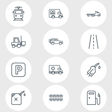 12 taşıma simgeleri satır tarzı vektör illüstrasyon. Yol, benzin istasyonu, düz yataklı kamyon ve diğer simge elemanlarının değiştirilebilir seti.