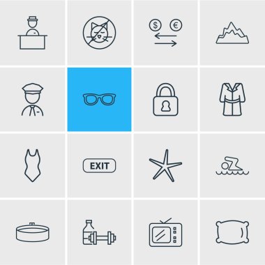 Vektör çizim 16 simgeler çizgi stili seyahat. Düzenlenebilir tv, yüzme adam, güvenli ve diğer simge öğeleri kümesi.
