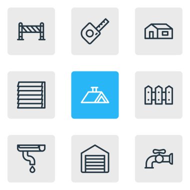 Vector illustration of 9 architecture icons line style. Editable set of siding, gutter, roof and other icon elements.