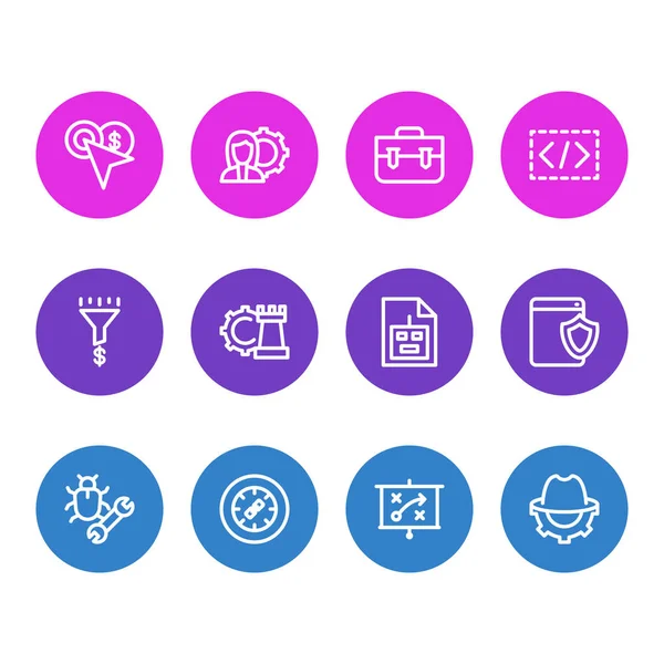 12 simgeleri çizgi stili reklam vektör Illustration. Düzenlenebilir küme bağlantı tekerlek, robot txt, portföy ve diğer simge öğeleri.