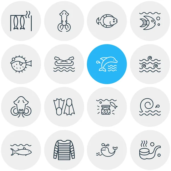 16 deniz simgeler çizgi stili vektör Illustration. Ton balığı, İçilmeyen boru, palet ve diğer simge öğeleri düzenlenebilir kümesi.