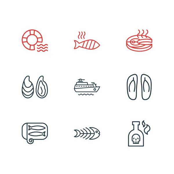 Vectorillustratie van 9 marine pictogrammen lijnstijl. Schip, sardine, reddingsboei en andere elementen van het pictogram bewerkbaar set. — Stockvector