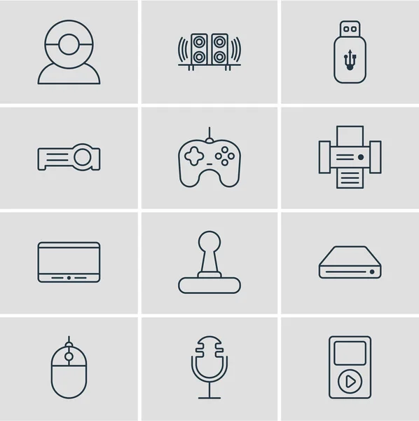 Vektorillustration av 12 teknik ikoner linjeformat. Redigerbara uppsättning flash-enhet, mp3-spelare, gamepad och andra ikonen element. — Stock vektor