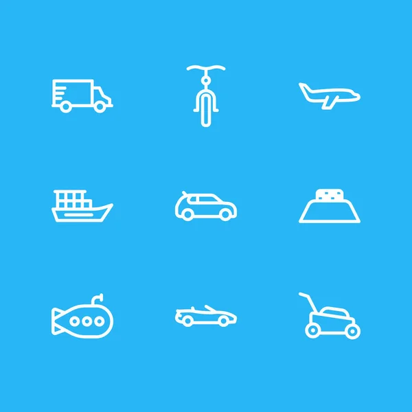 Векторная иллюстрация стиля 9 иконок автомобиля. Набор символов корабля, самолета, подводной лодки и других символов . — стоковый вектор